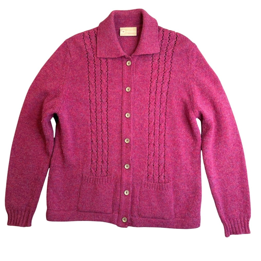 Vintage Pitlochry Shetland Wool Cable Knit Cardigan Sweater XL Pink Scotland 80s